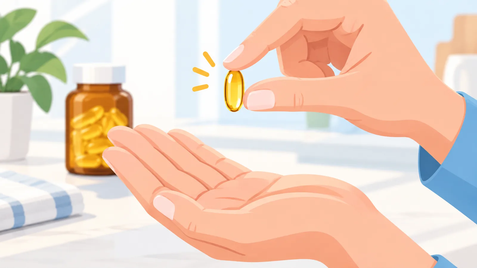 Mano che tiene una capsula oleosa dorata sopra il palmo