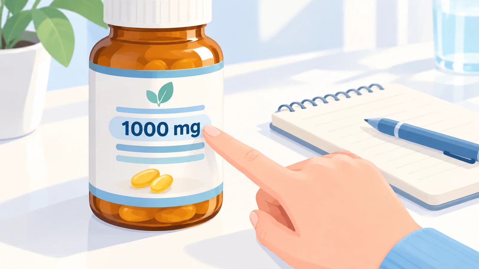 Etichetta di un integratore con la mano che indica il dosaggio