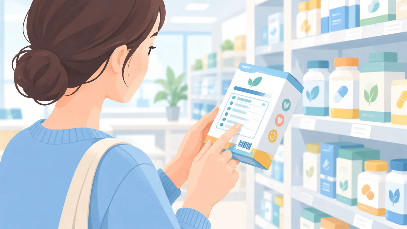 Persona in farmacia che legge gli ingredienti di una confezione
