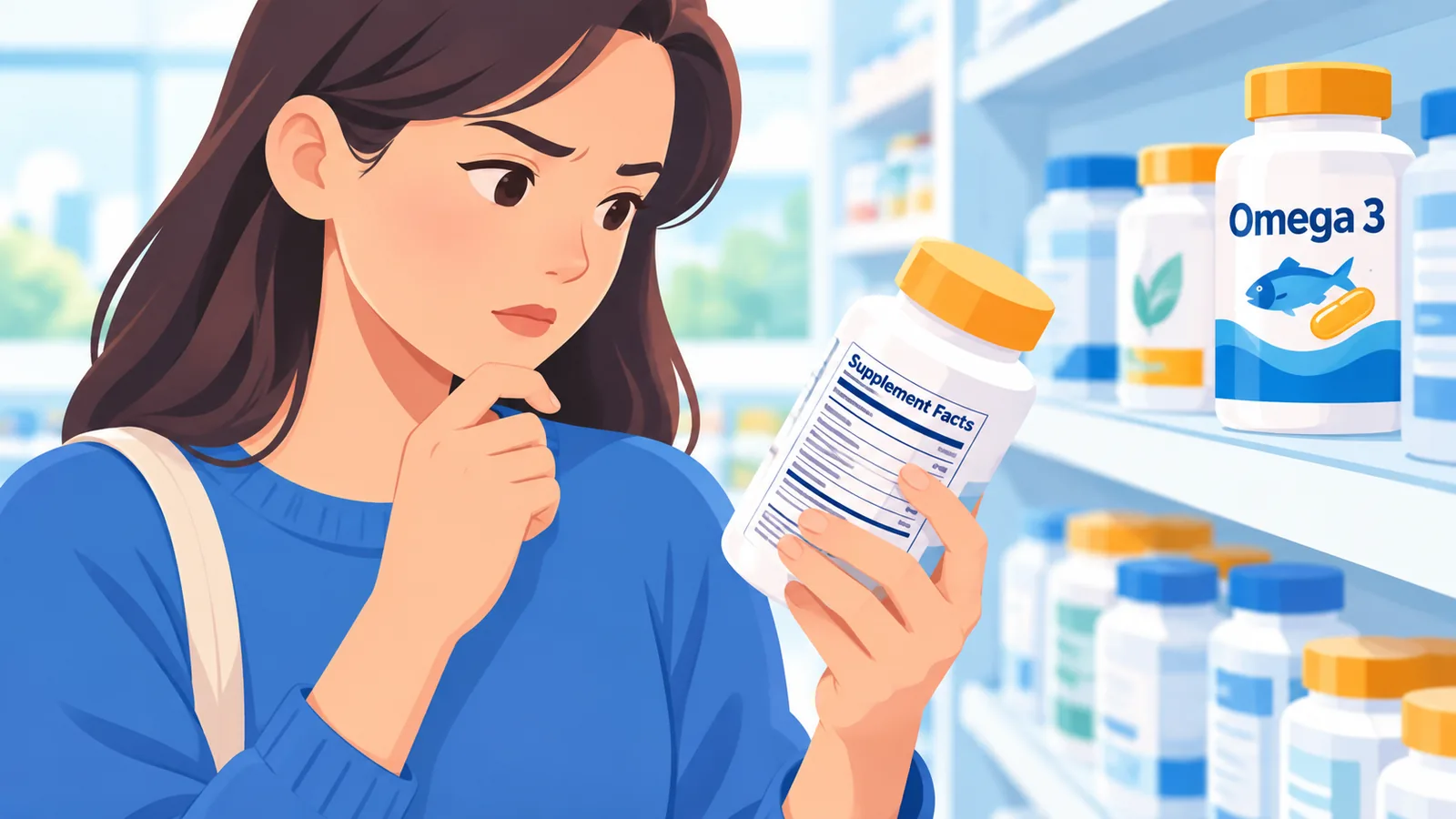 Persona che legge l'etichetta di un integratore di omega 3 in farmacia