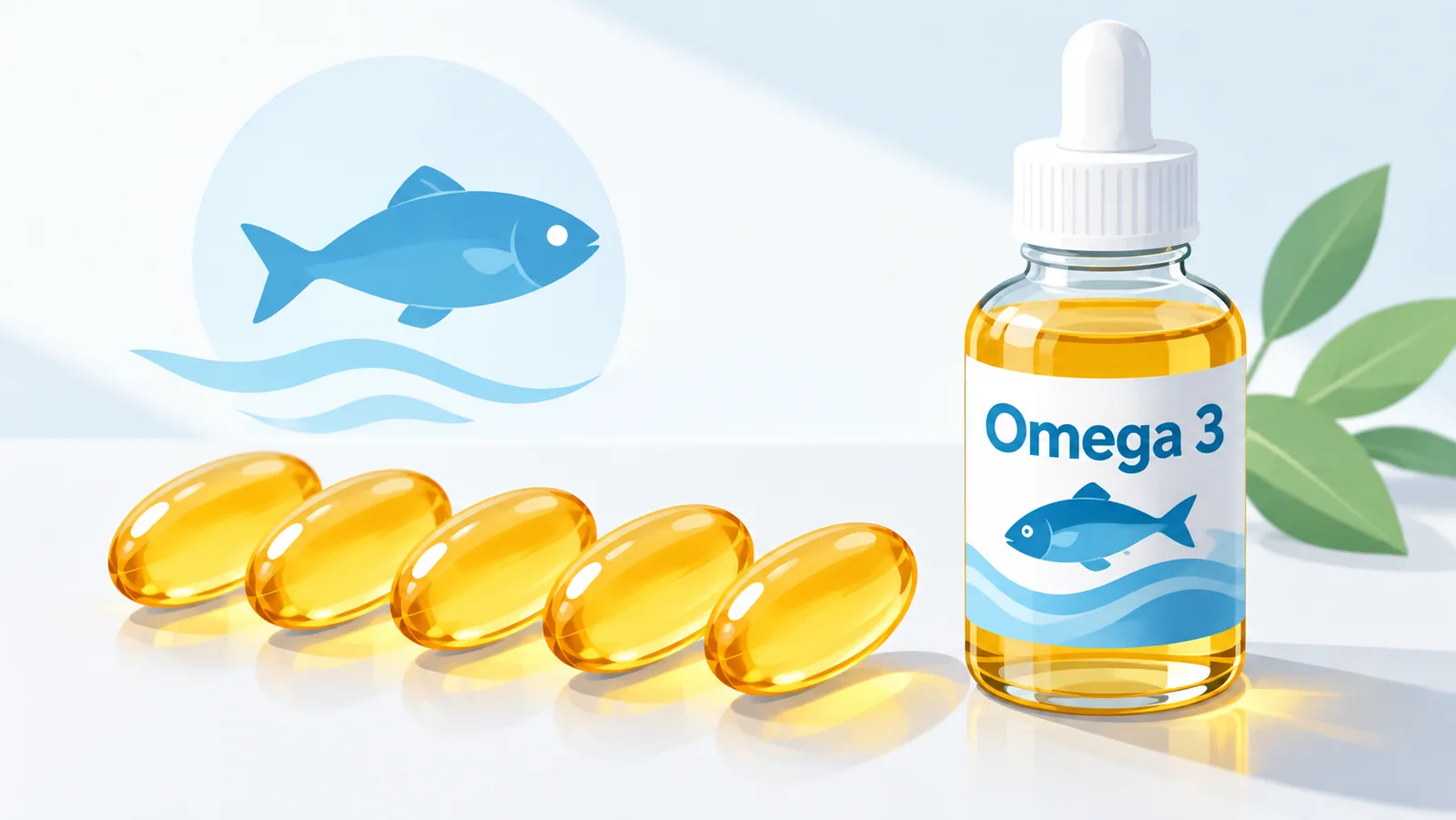 Capsule di olio di pesce e flacone con contagocce