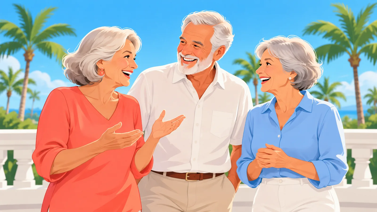 Pensionati che chiacchierano sulla terrazza di una comunità residenziale al sole