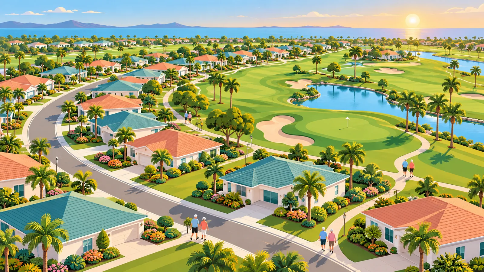 Veduta aerea di una comunità residenziale per pensionati con campo da golf