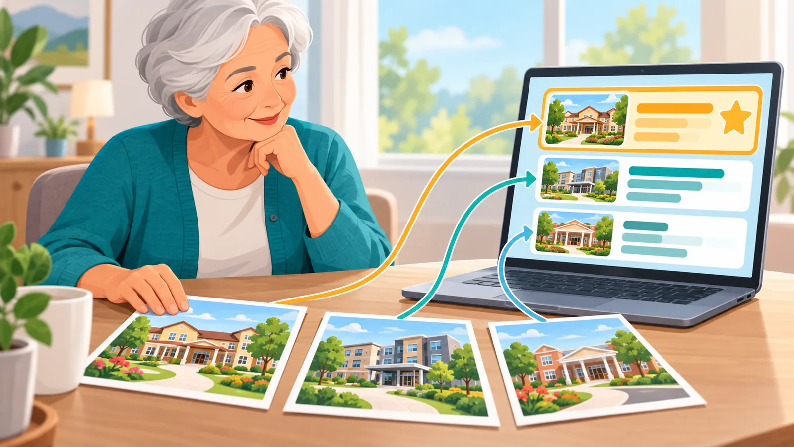 Donna anziana che confronta brochure e classifiche di comunità per pensionati
