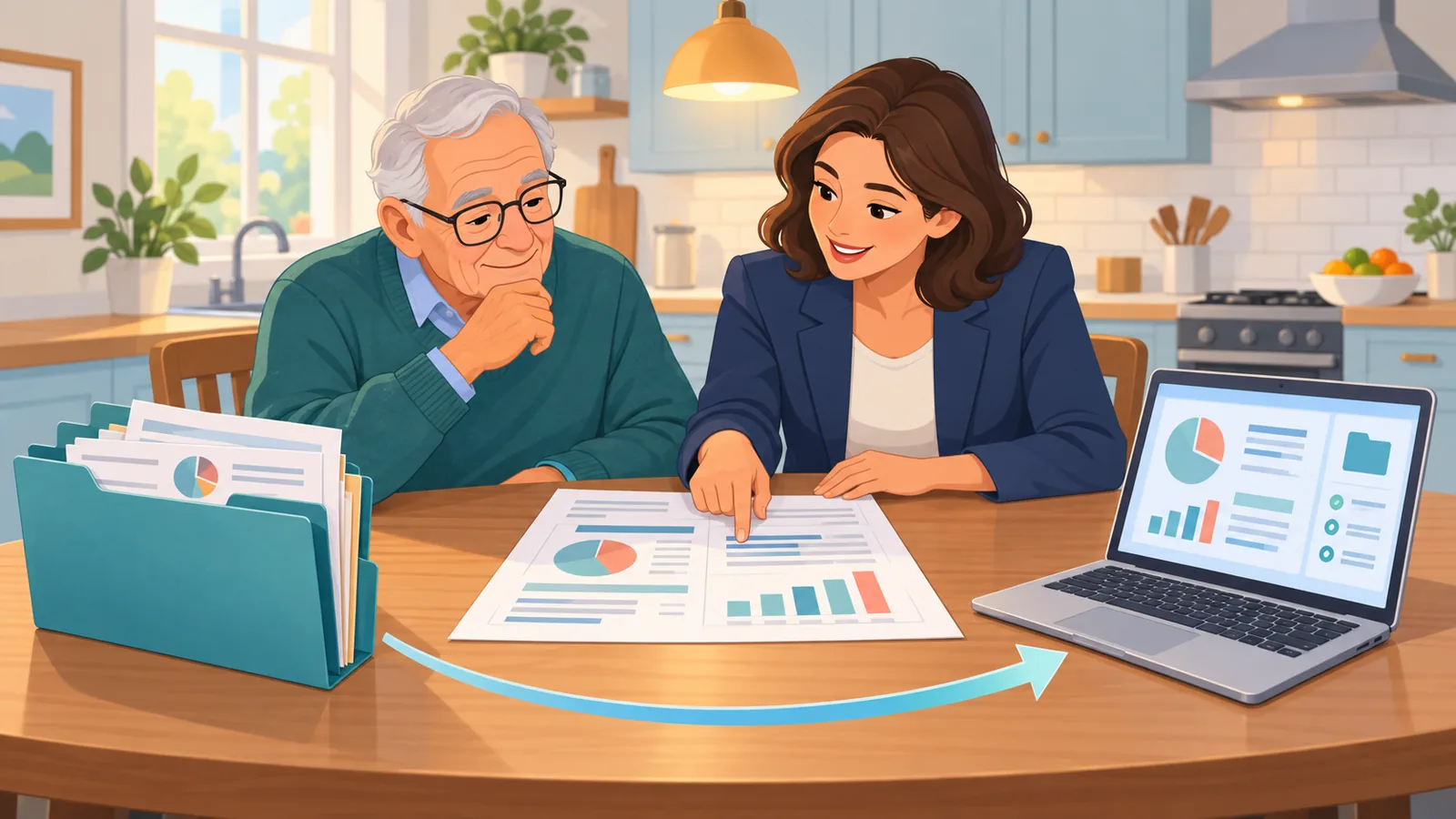 Pensionato che esamina documenti fiscali con un commercialista