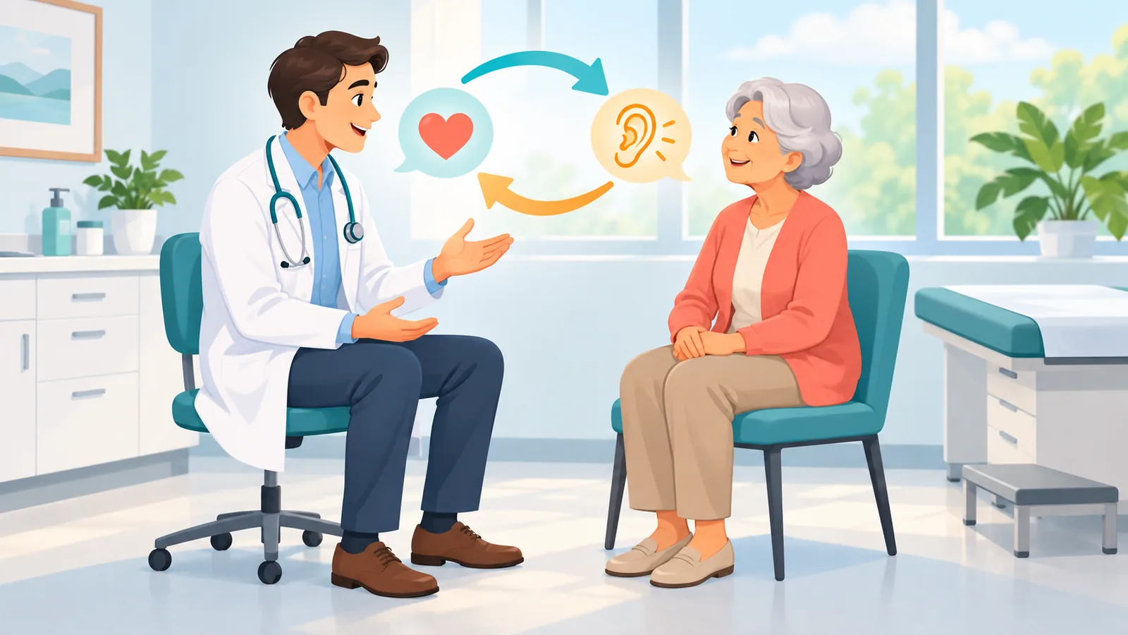 Medico che parla con un paziente anziano in uno studio luminoso