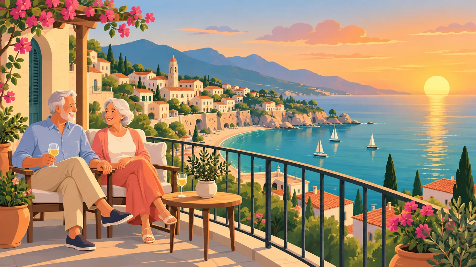 Coppia di pensionati sul balcone con vista su una cittadina costiera mediterranea