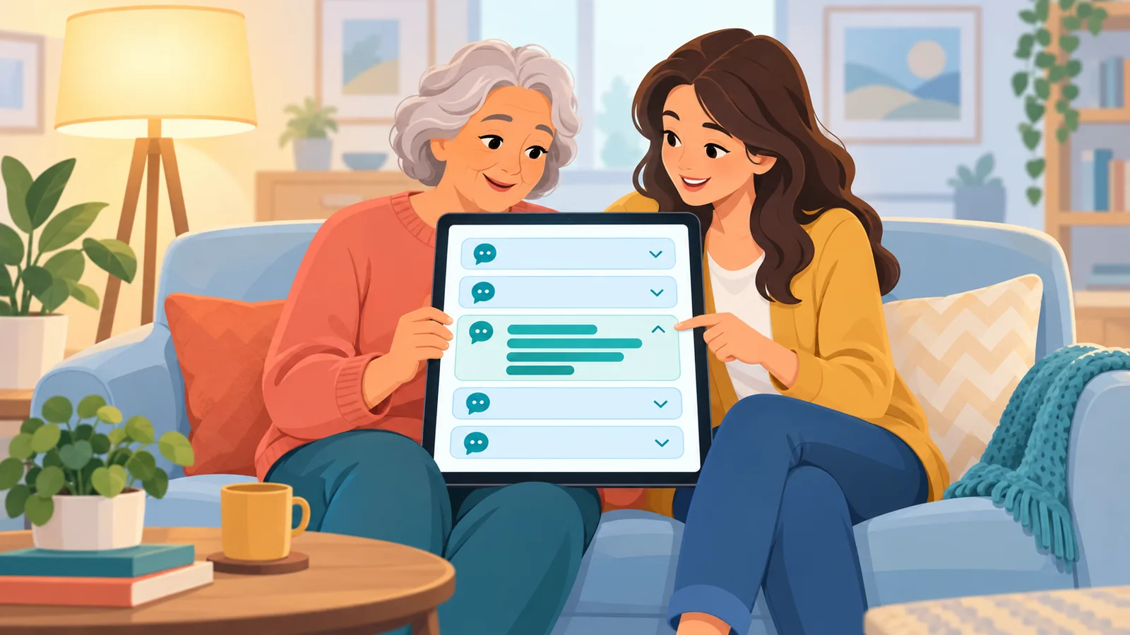 Donna anziana e un familiare che consultano le domande frequenti su un tablet