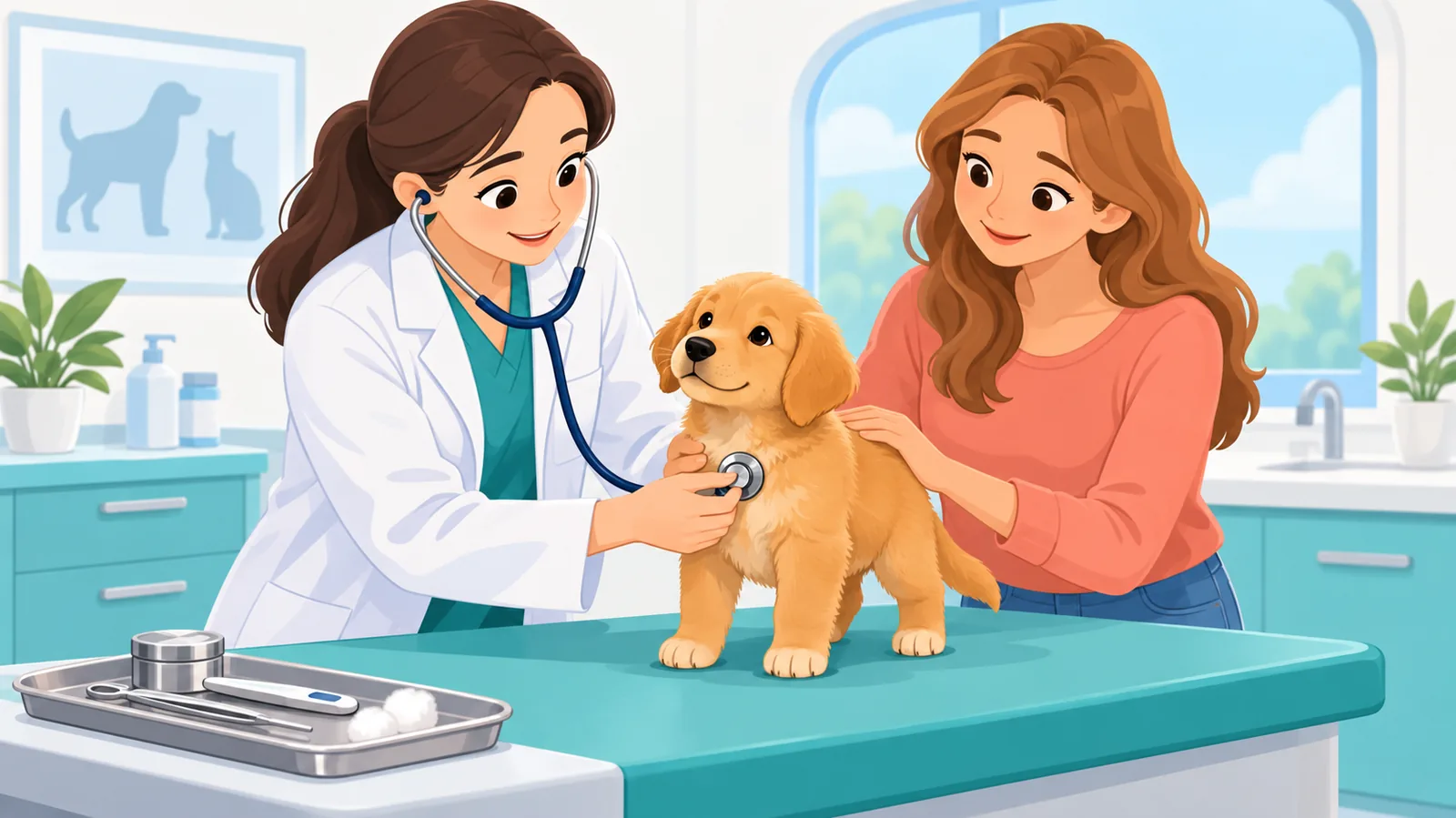 Veterinario che visita un cucciolo in ambulatorio