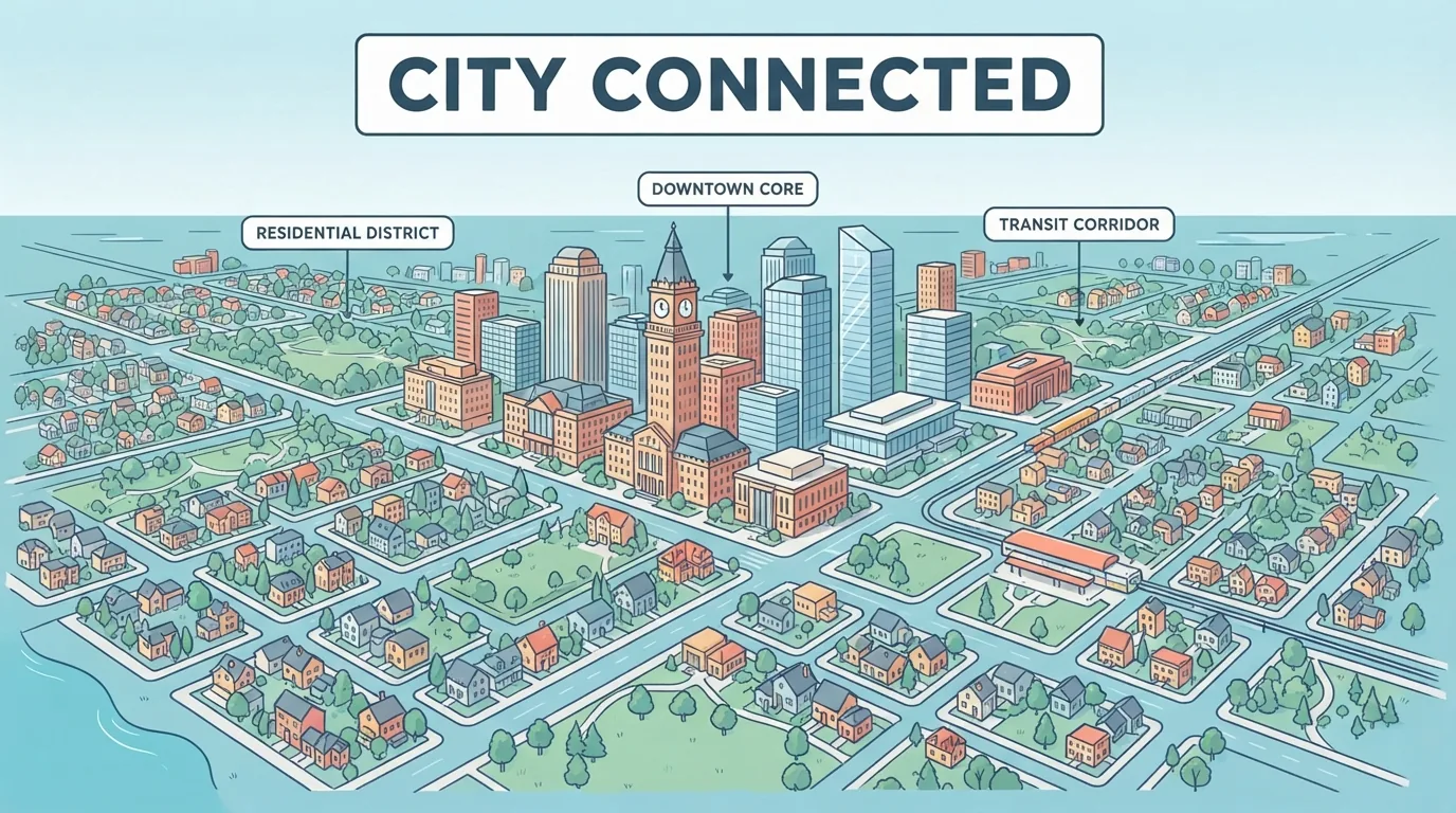 Veduta aerea di una città americana di medie dimensioni con quartieri residenziali