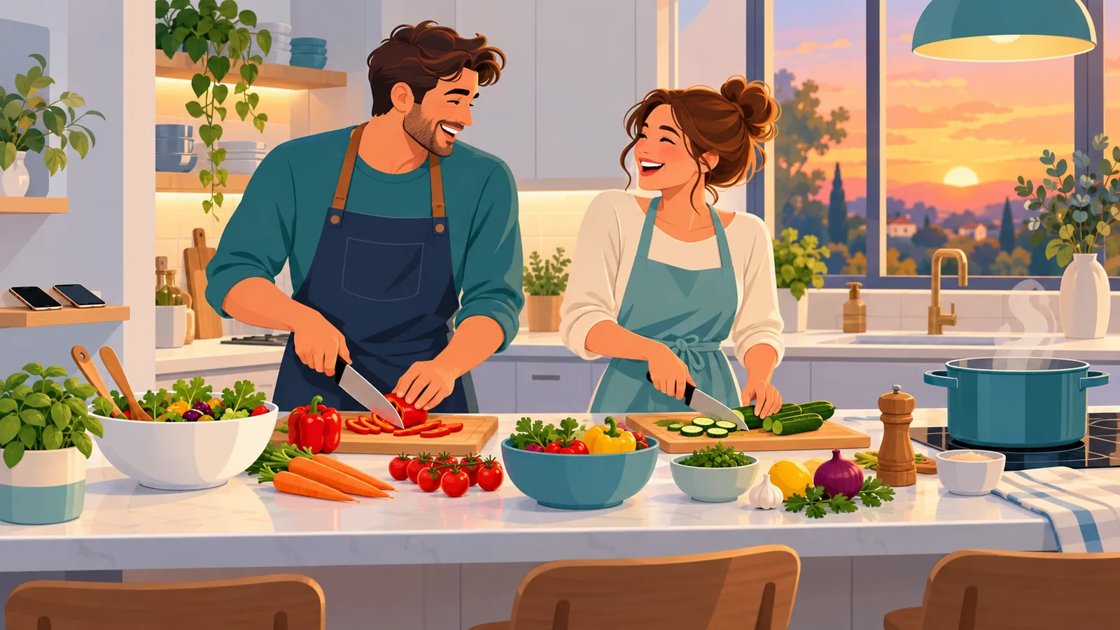 Coppia che cucina insieme in una cucina luminosa