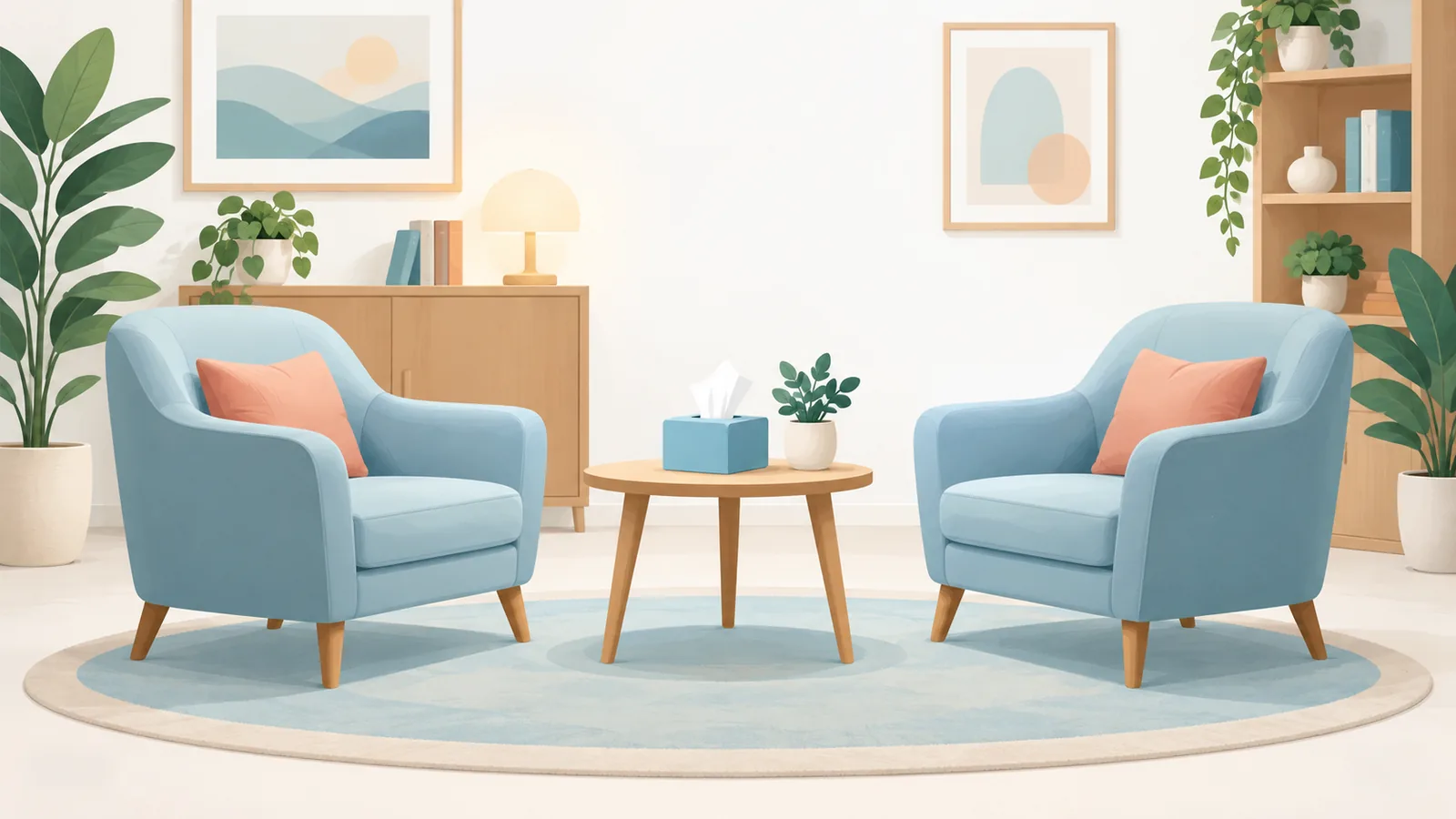 Studio di un terapeuta di coppia con due poltrone e luce soffusa