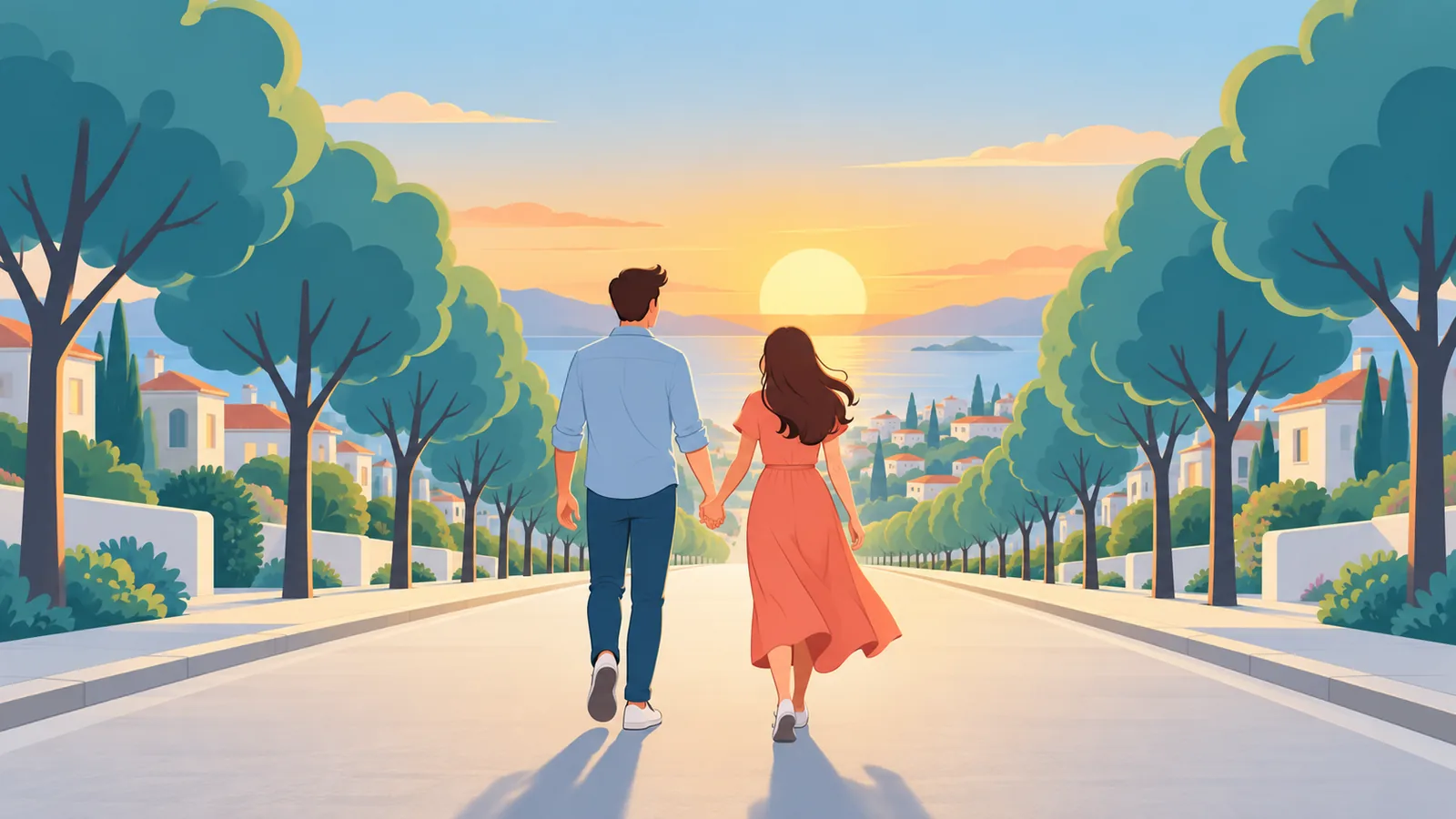 Coppia che passeggia al tramonto lungo un viale alberato
