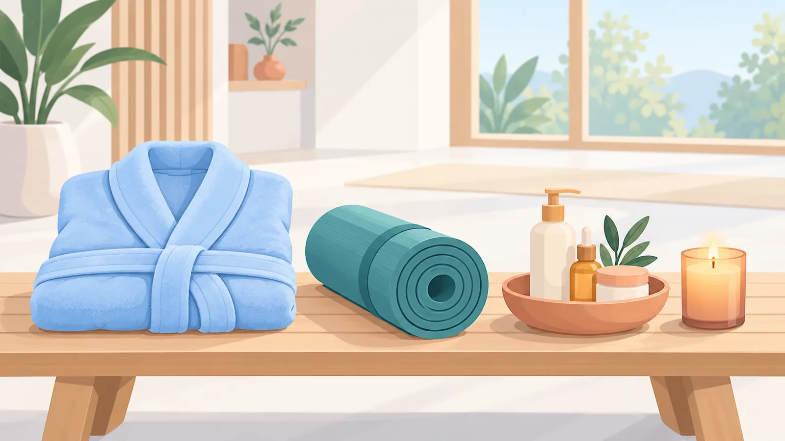 Vestaglia, tappetino yoga, cosmetici naturali e candela in un ambiente da spa