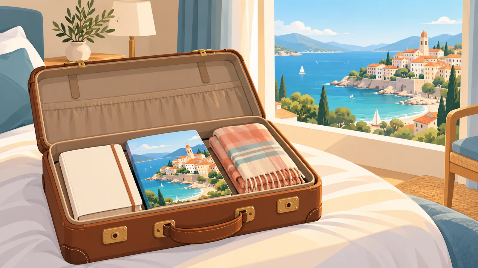 Valigia aperta con taccuino di viaggio, guida illustrata e foulard in una camera luminosa