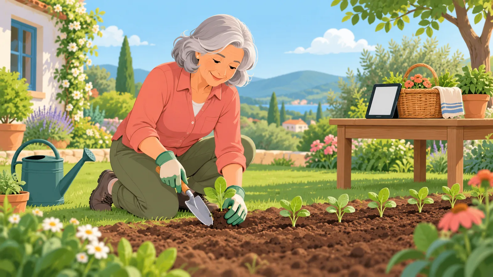 Donna matura che pianta piantine in giardino con un e-reader sul tavolo vicino