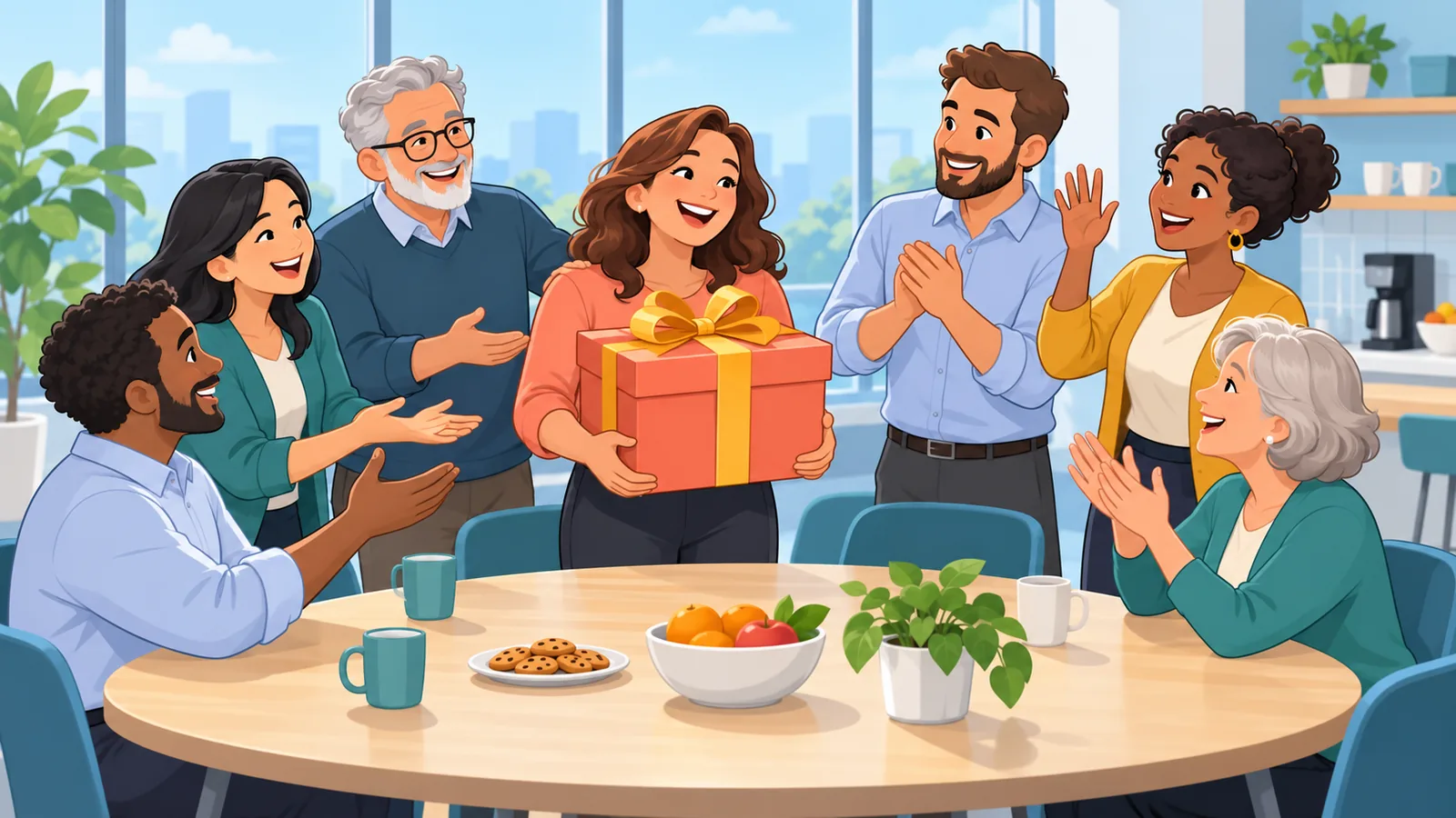 Colleghi riuniti in sala pausa mentre consegnano un grande pacco regalo a una collega