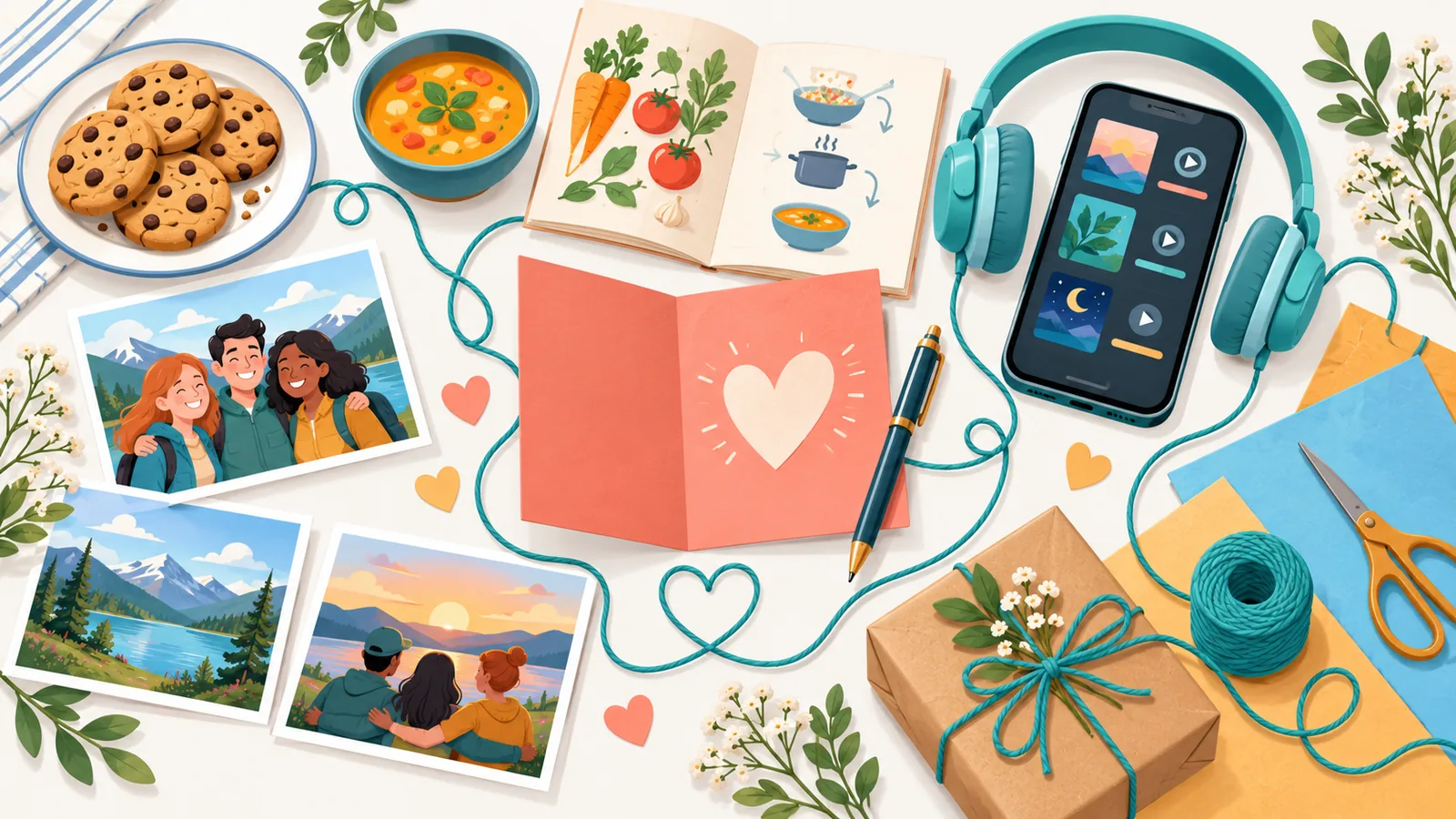Biglietto scritto a mano, foto stampate, ricettario e playlist su un tavolo