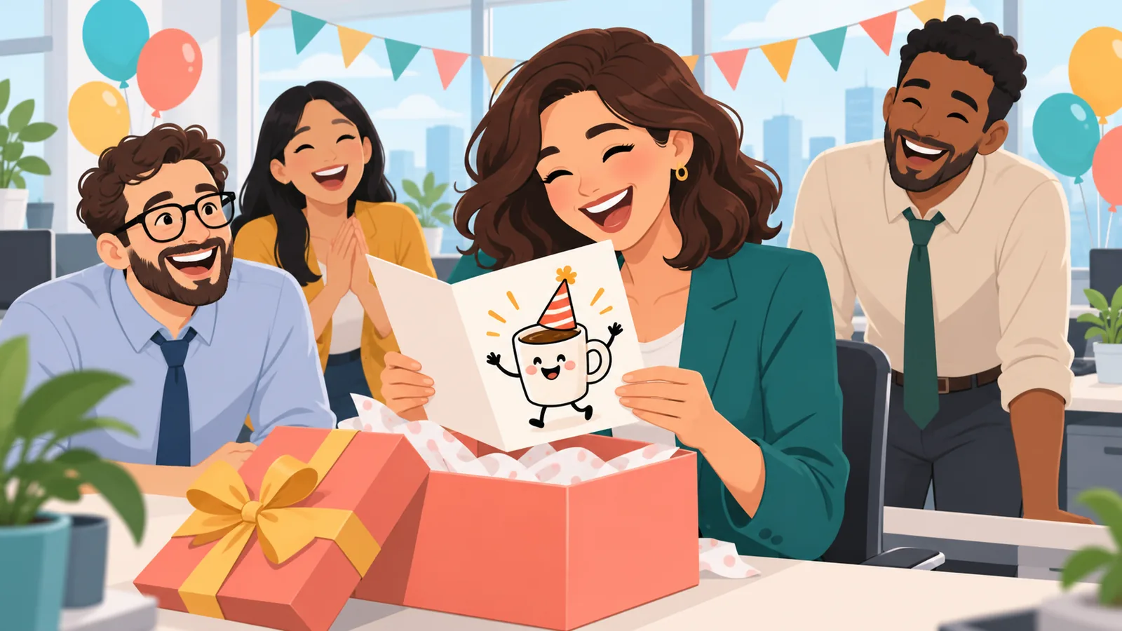 Donna che ride mentre apre un regalo spiritoso durante una festa in ufficio