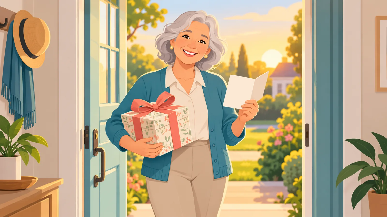 Donna sorridente con un regalo e un biglietto sulla porta di casa alla luce del tramonto
