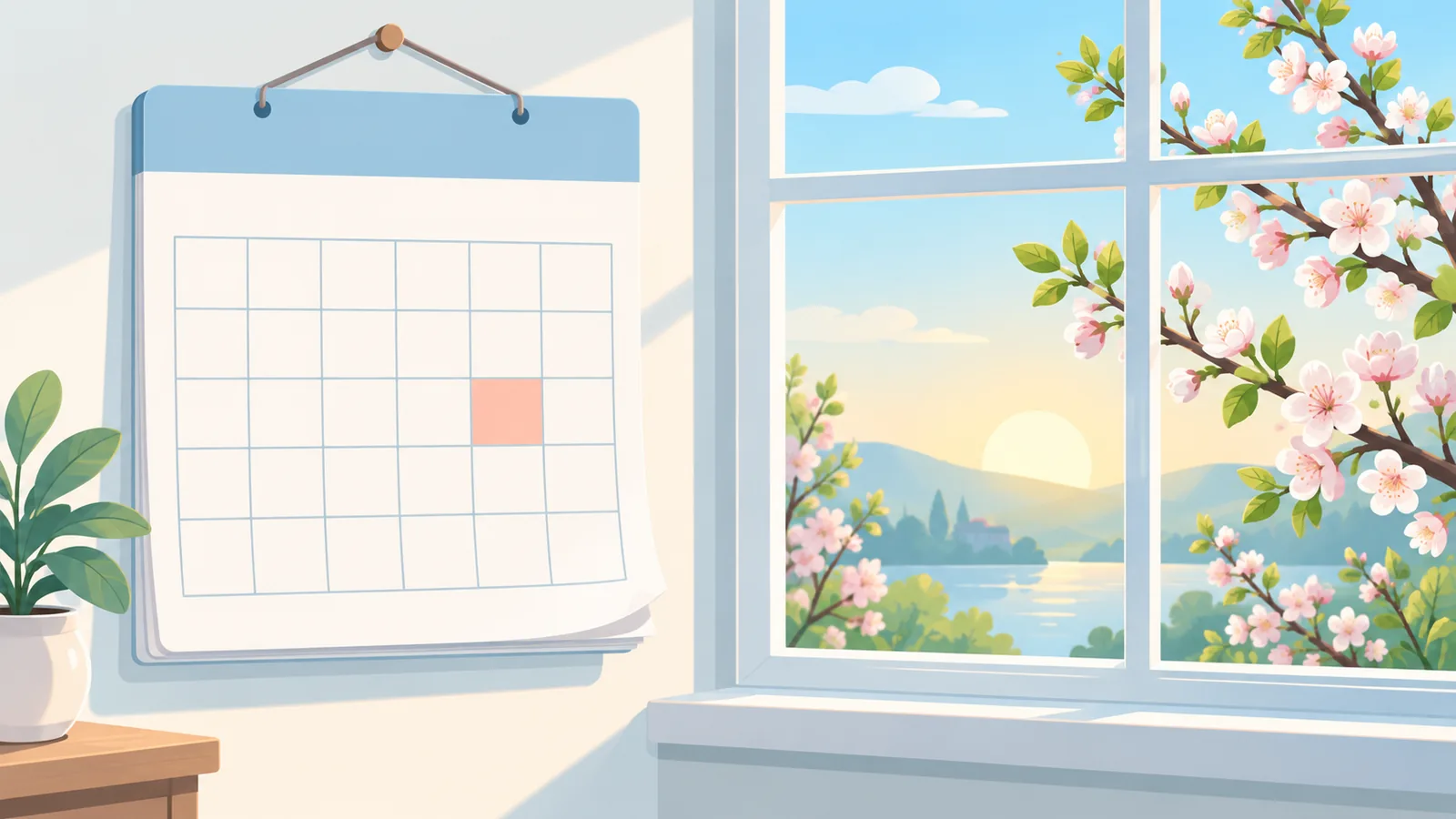 Calendario da parete accanto a una finestra in primavera