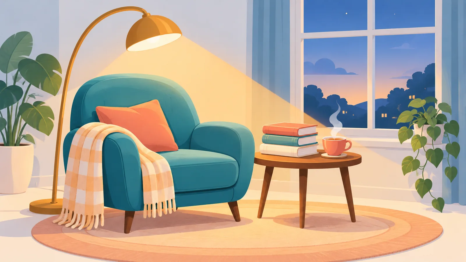 Angolo lettura con libri, lampada e tazza di tè