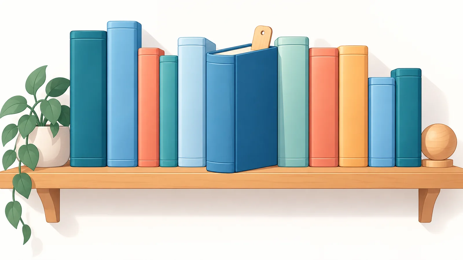 Scaffale ordinato con libri di consultazione e segnalibro