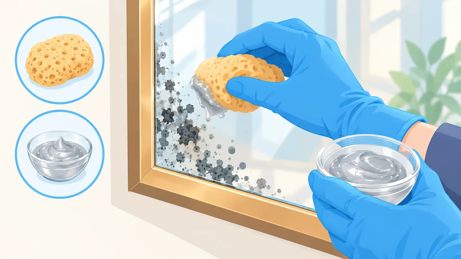 Applicazione del prodotto con spugna naturale sull'angolo dello specchio