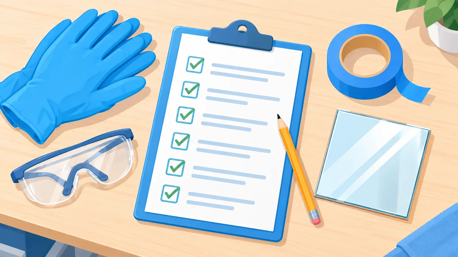 Checklist con guanti, occhiali e campione di prova