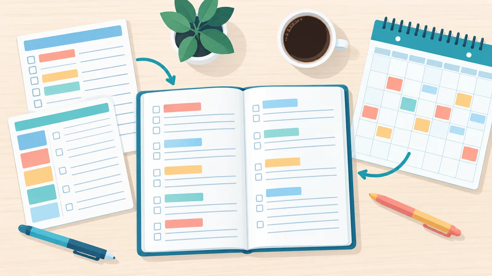 Planner, workbook e calendari stampabili su una scrivania