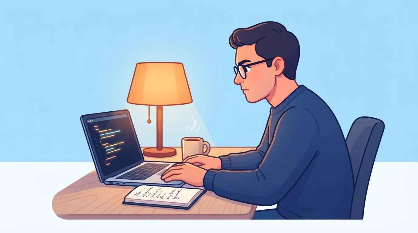 Persona che lavora la sera al computer da casa accanto a un taccuino