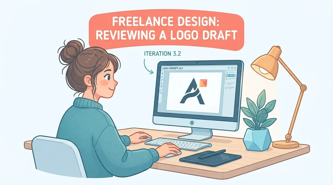 Grafica freelance che rivede una bozza di logo sul monitor