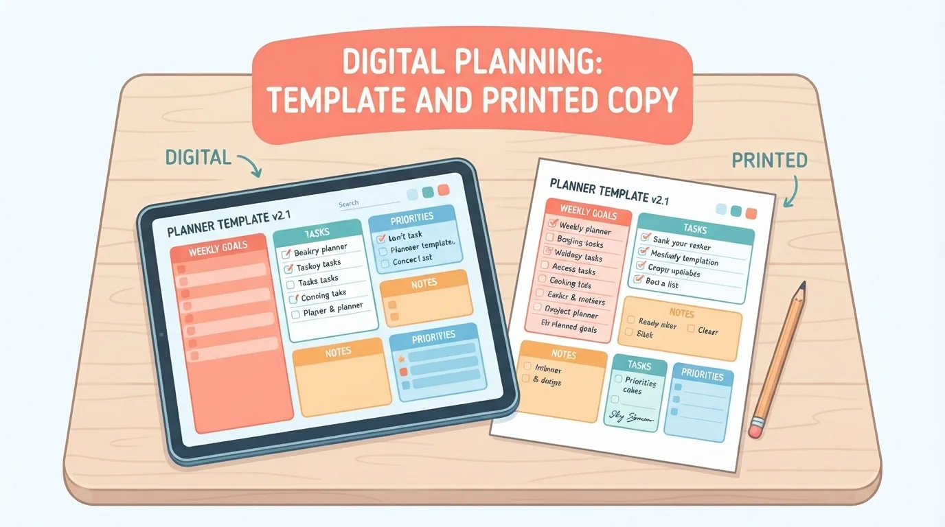 Tablet con un modello di planner digitale accanto alla copia stampata
