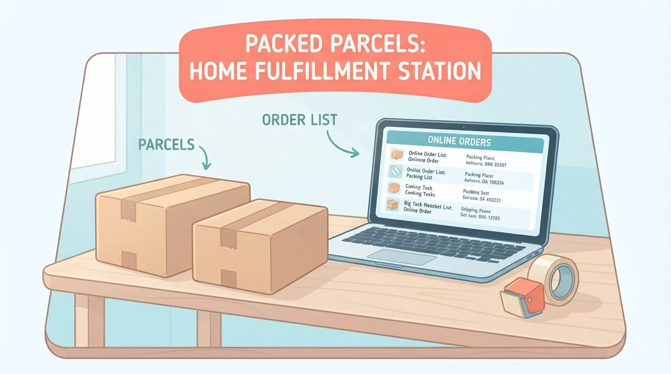 Postazione domestica con pacchi pronti per la spedizione e ordini online