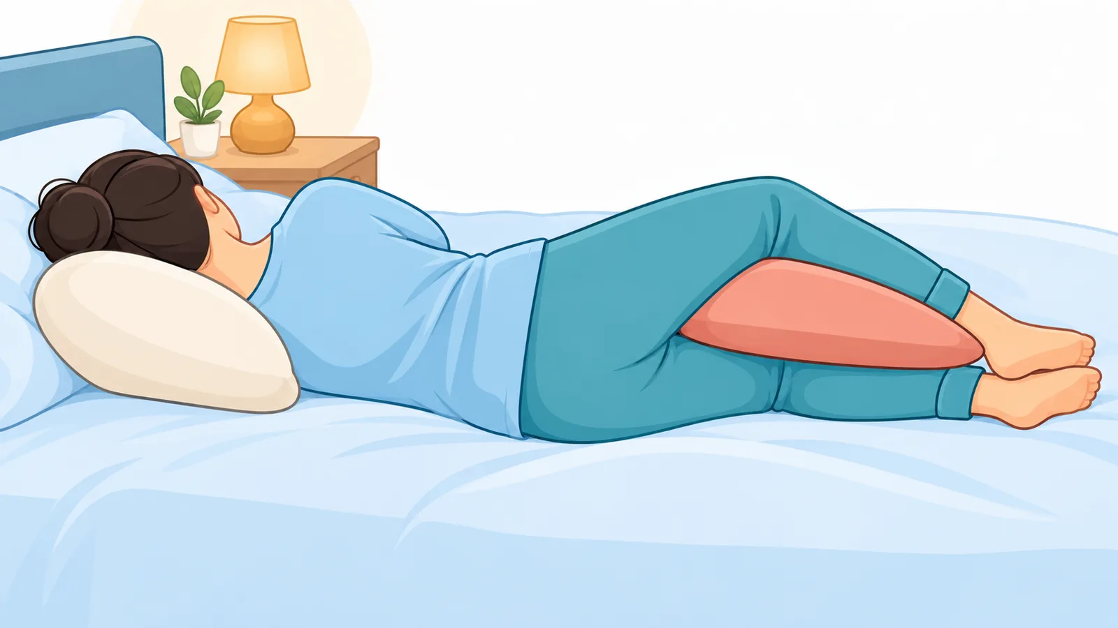 Persona che dorme su un fianco con cuscino tra le ginocchia