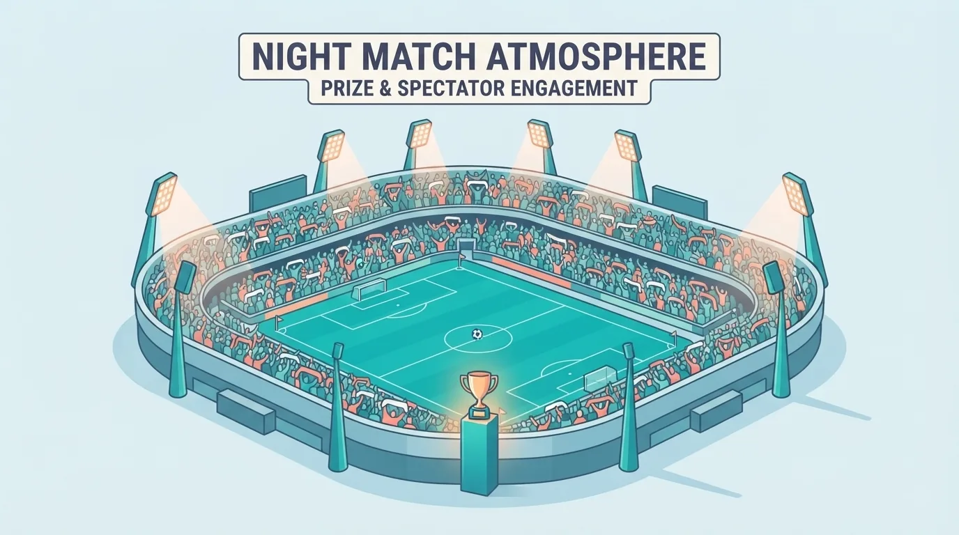 Stadio gremito di notte con un trofeo a bordo campo
