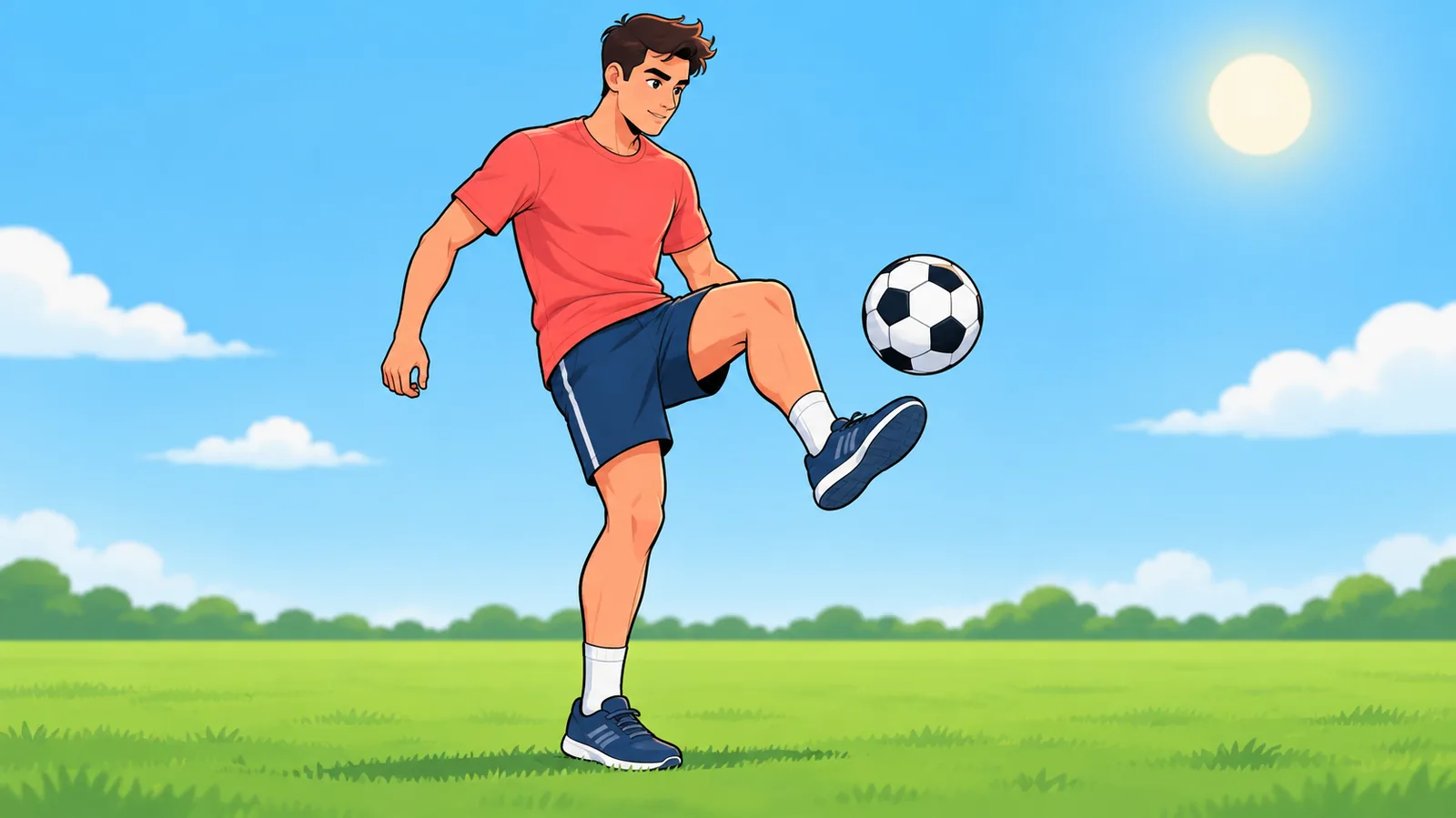 Giovane che palleggia con il pallone da calcio su un campo in erba