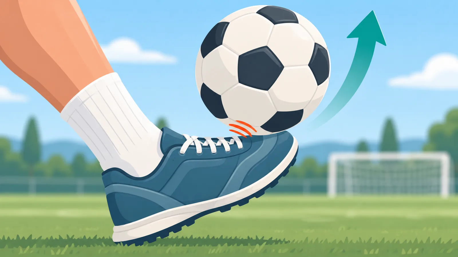Primo piano del collo del piede che colpisce la parte bassa del pallone