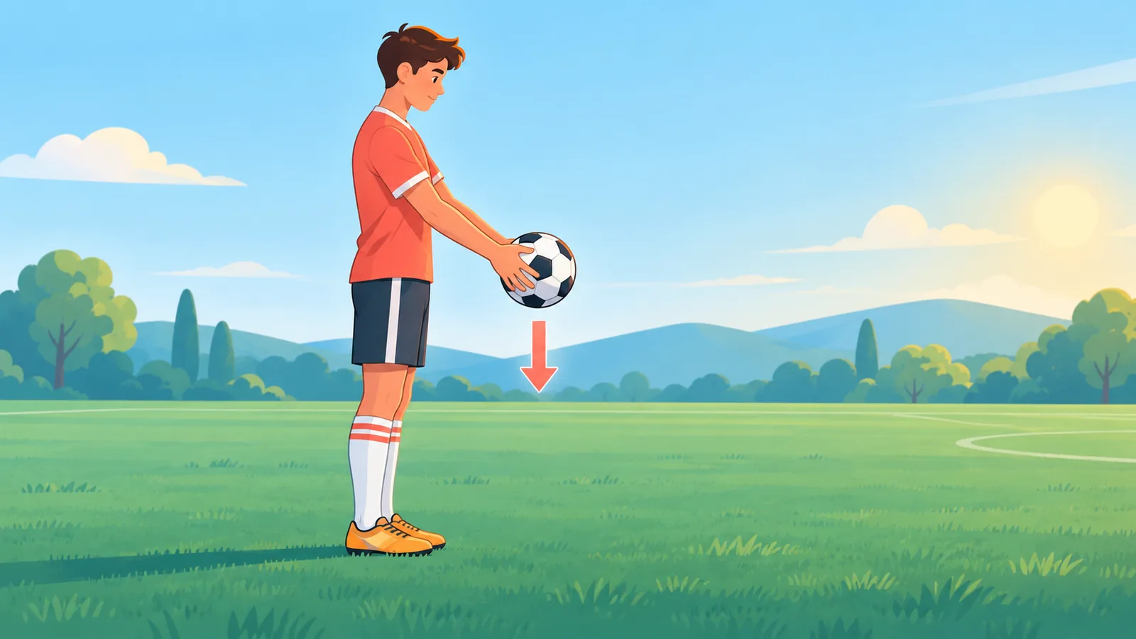 Persona che tiene il pallone con le mani prima di lasciarlo cadere