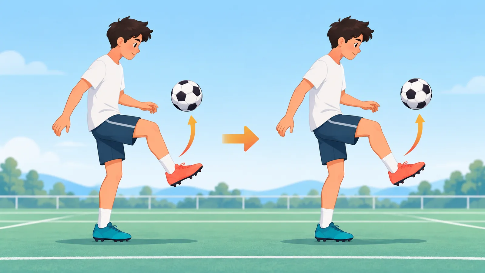Principiante che colpisce due volte il pallone con lo stesso piede
