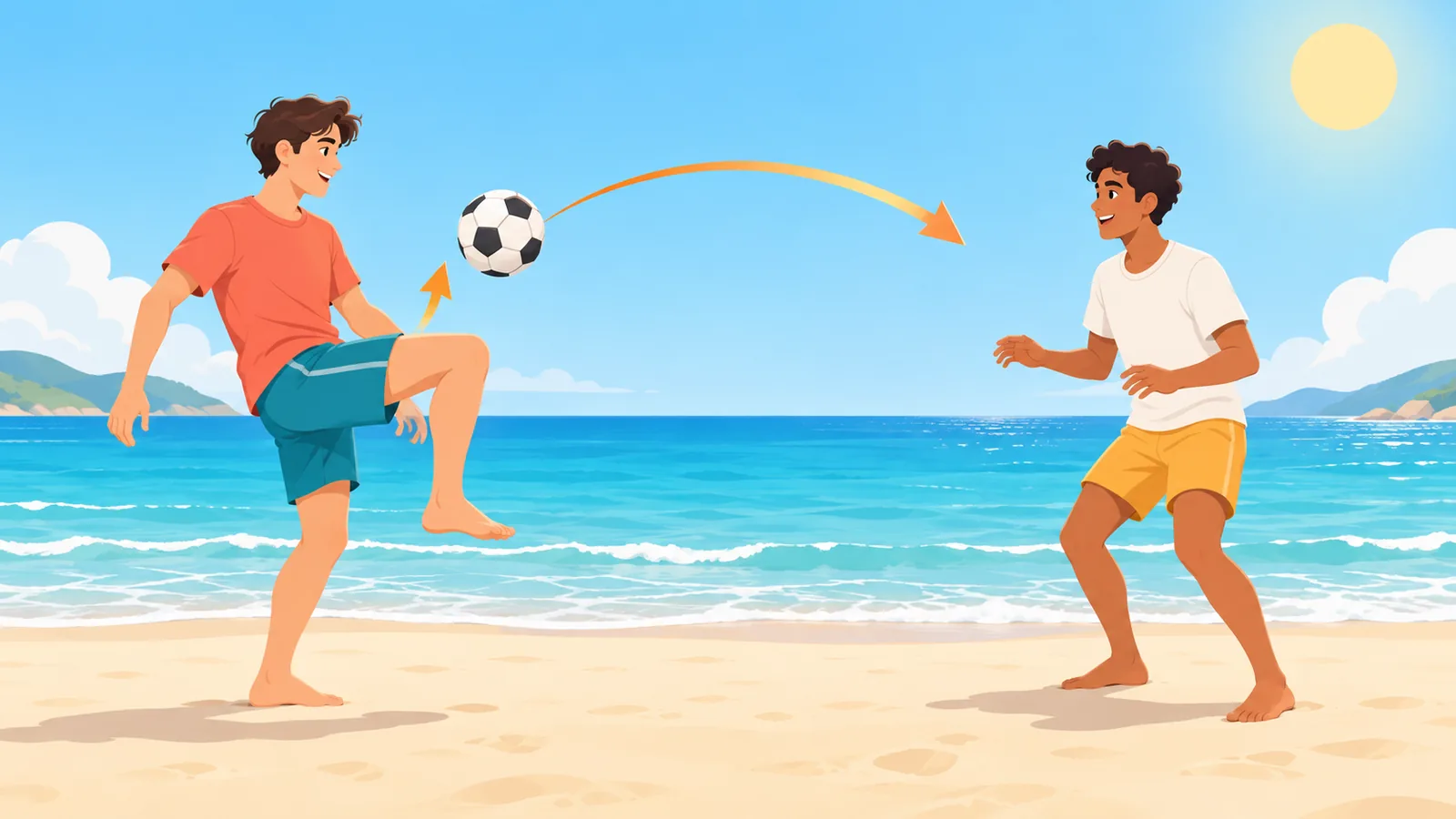 Due amici che si allenano al palleggio sulla spiaggia usando anche le cosce