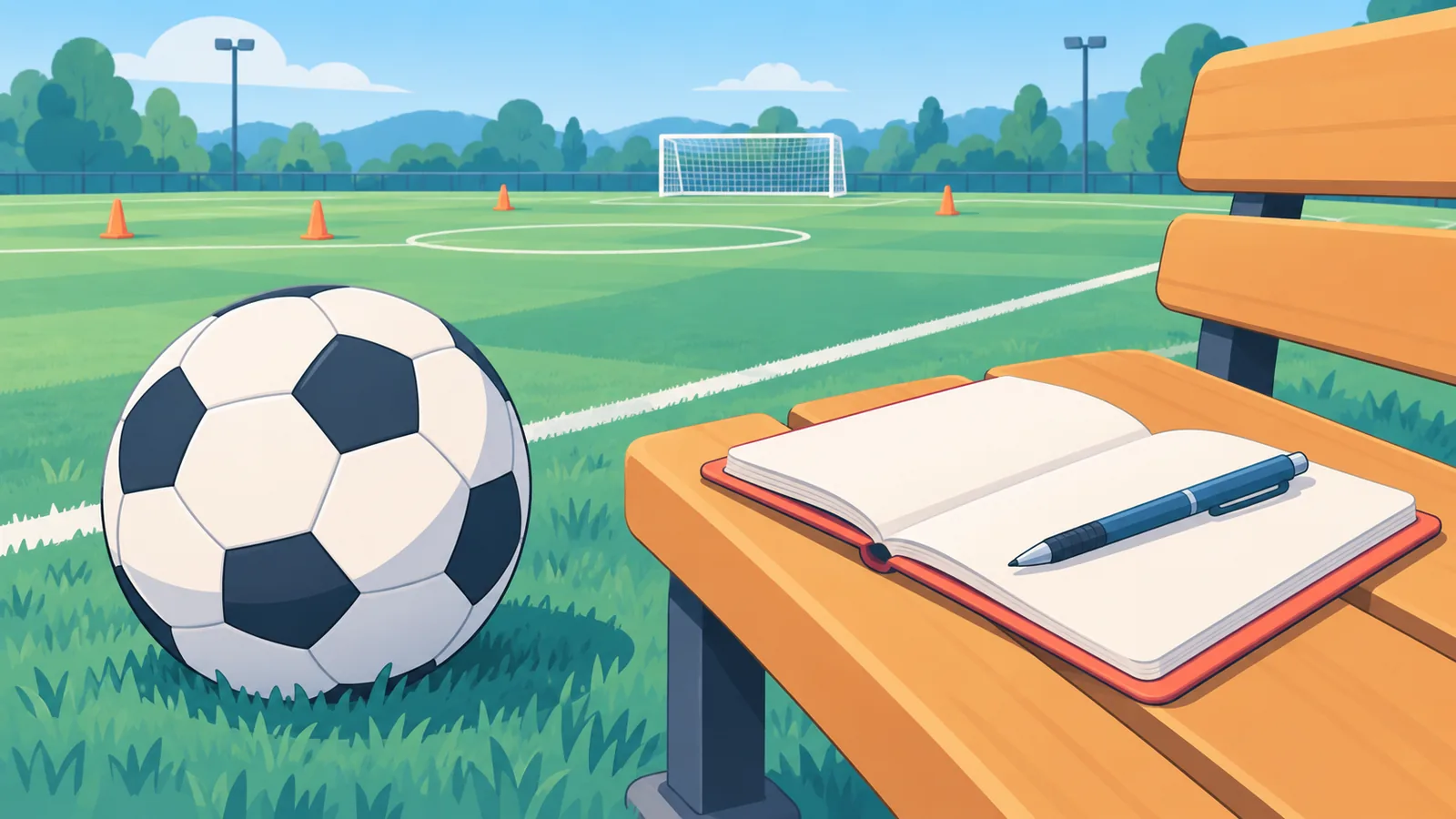 Pallone accanto a un taccuino ai margini del campo di allenamento