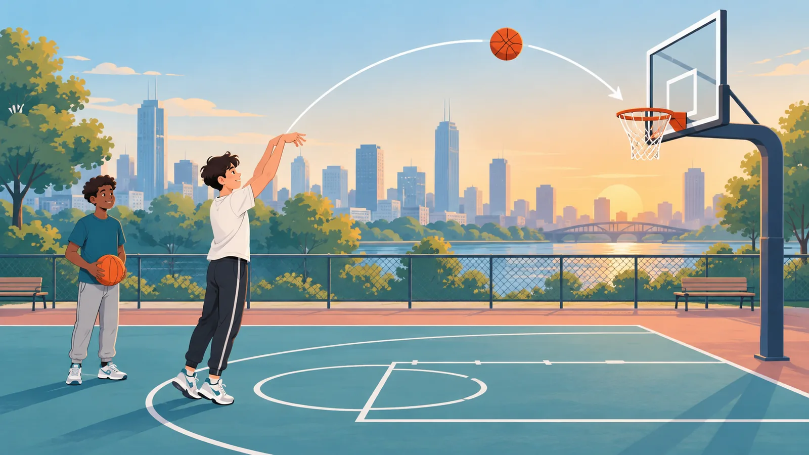 Playground di basket con due ragazzi che si allenano