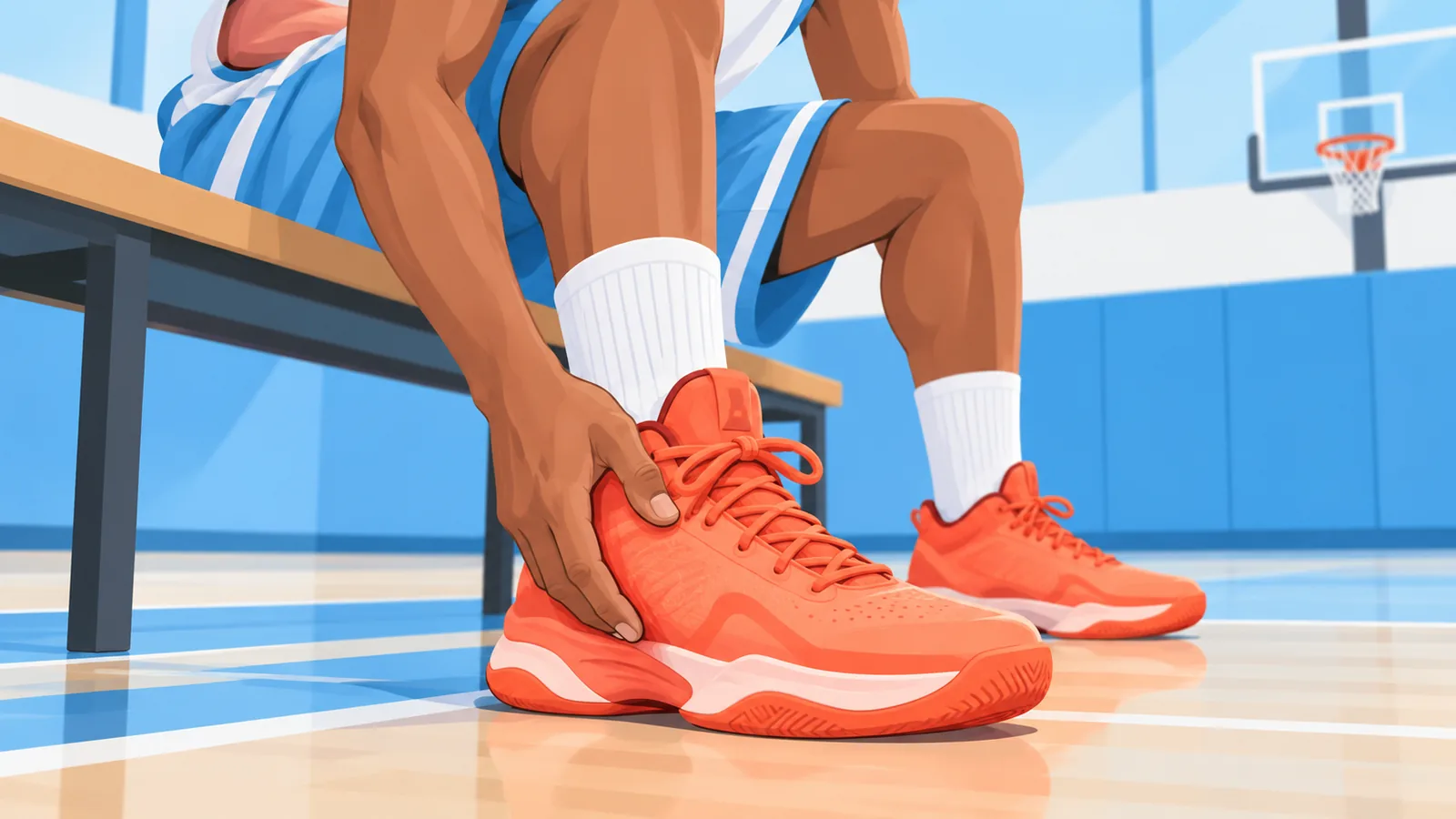 Giocatore di basket che controlla con la mano la pressione sul lato di una scarpa troppo stretta