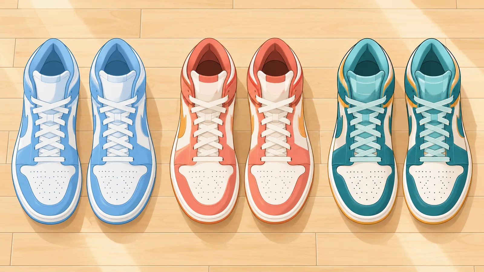 Tre paia di scarpe da basket allineate su un parquet per il confronto