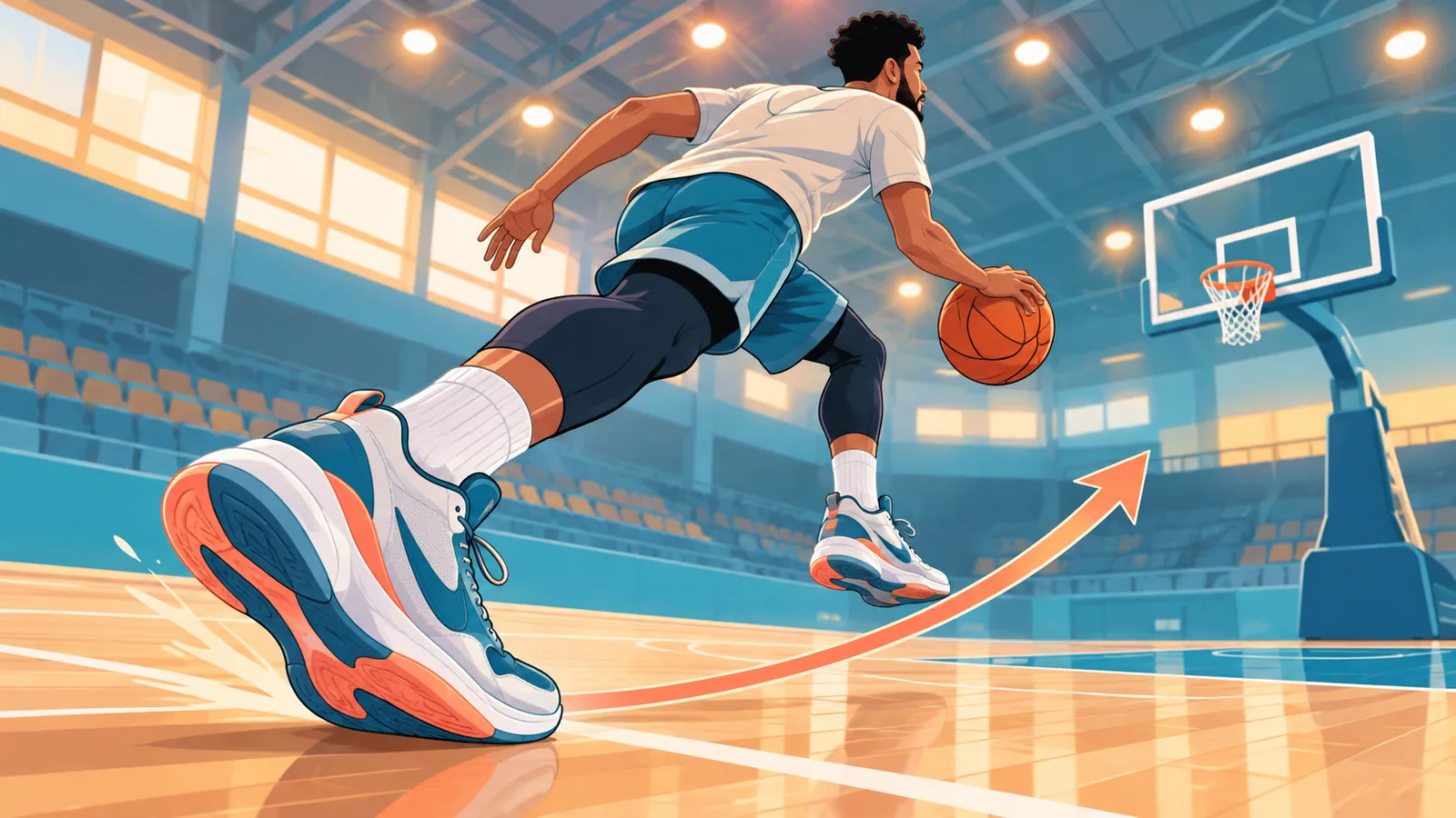 Giocatore che attacca il canestro con scarpe da basket in un palazzetto