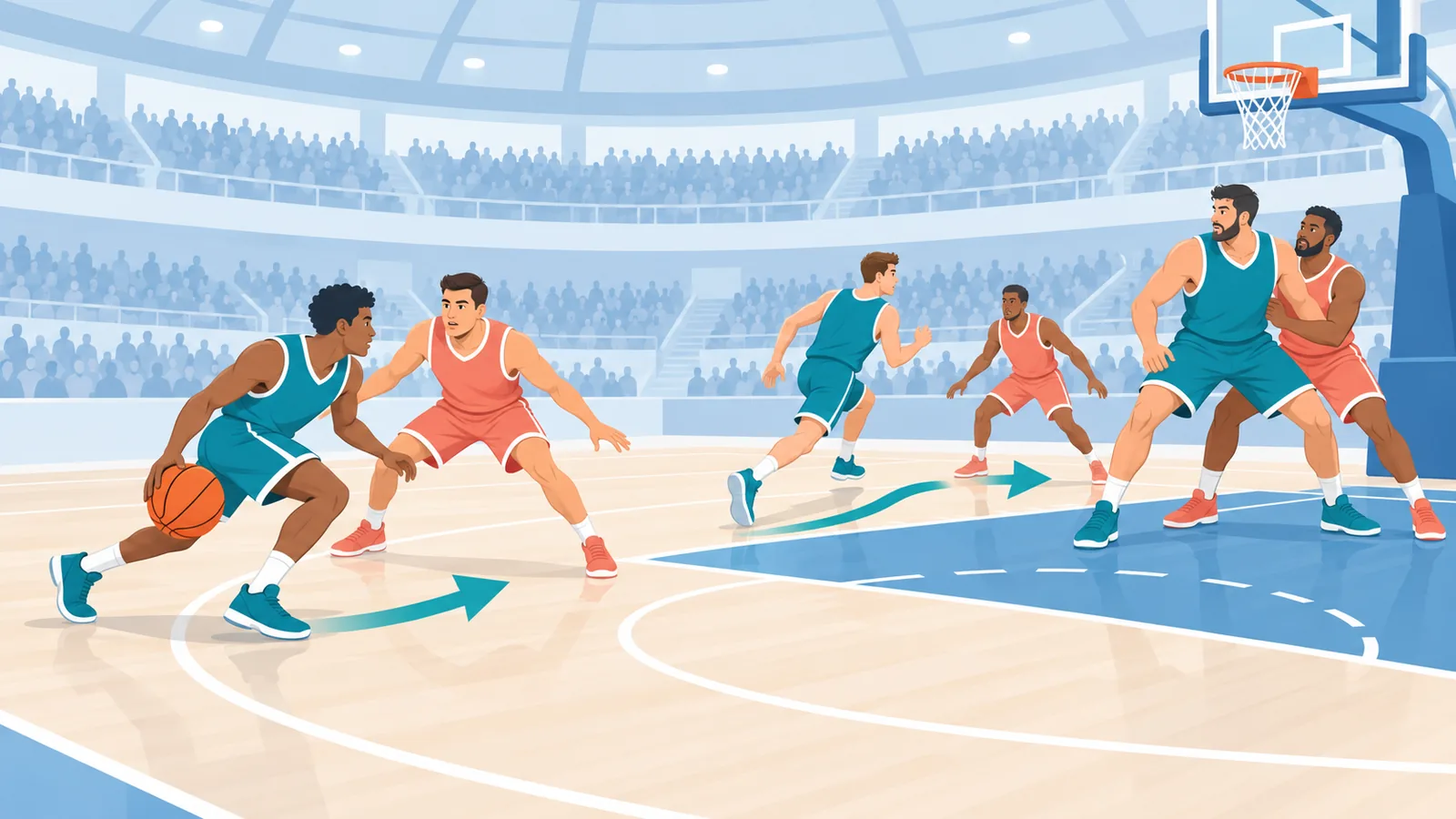 Guardia, ala e centro in azione durante una partita di basket