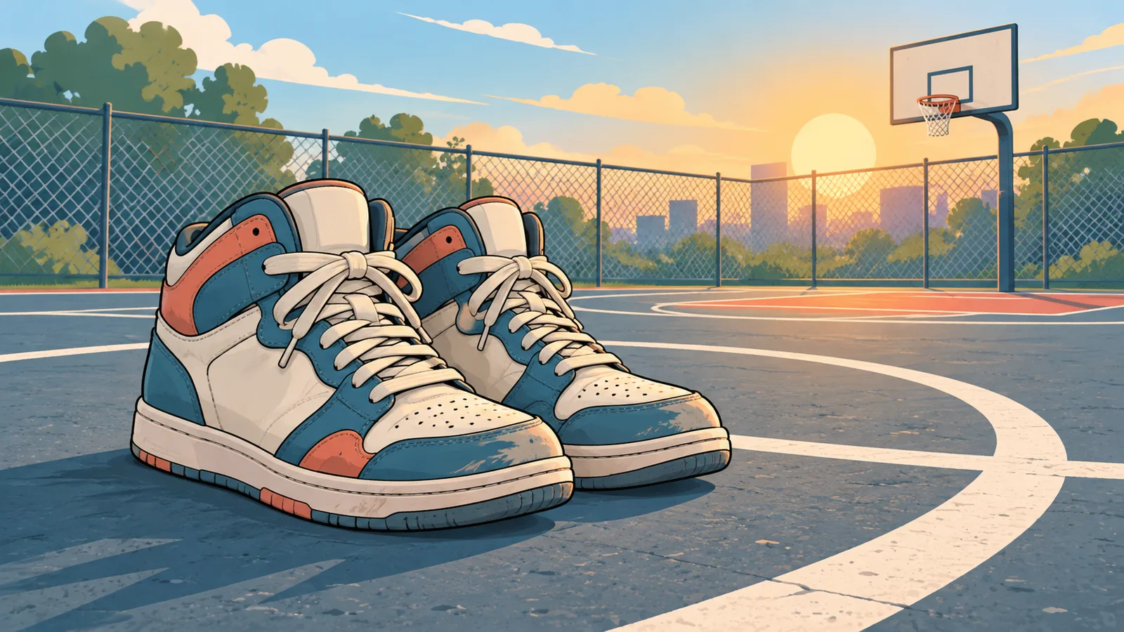 Scarpe da basket su un playground all’aperto con asfalto