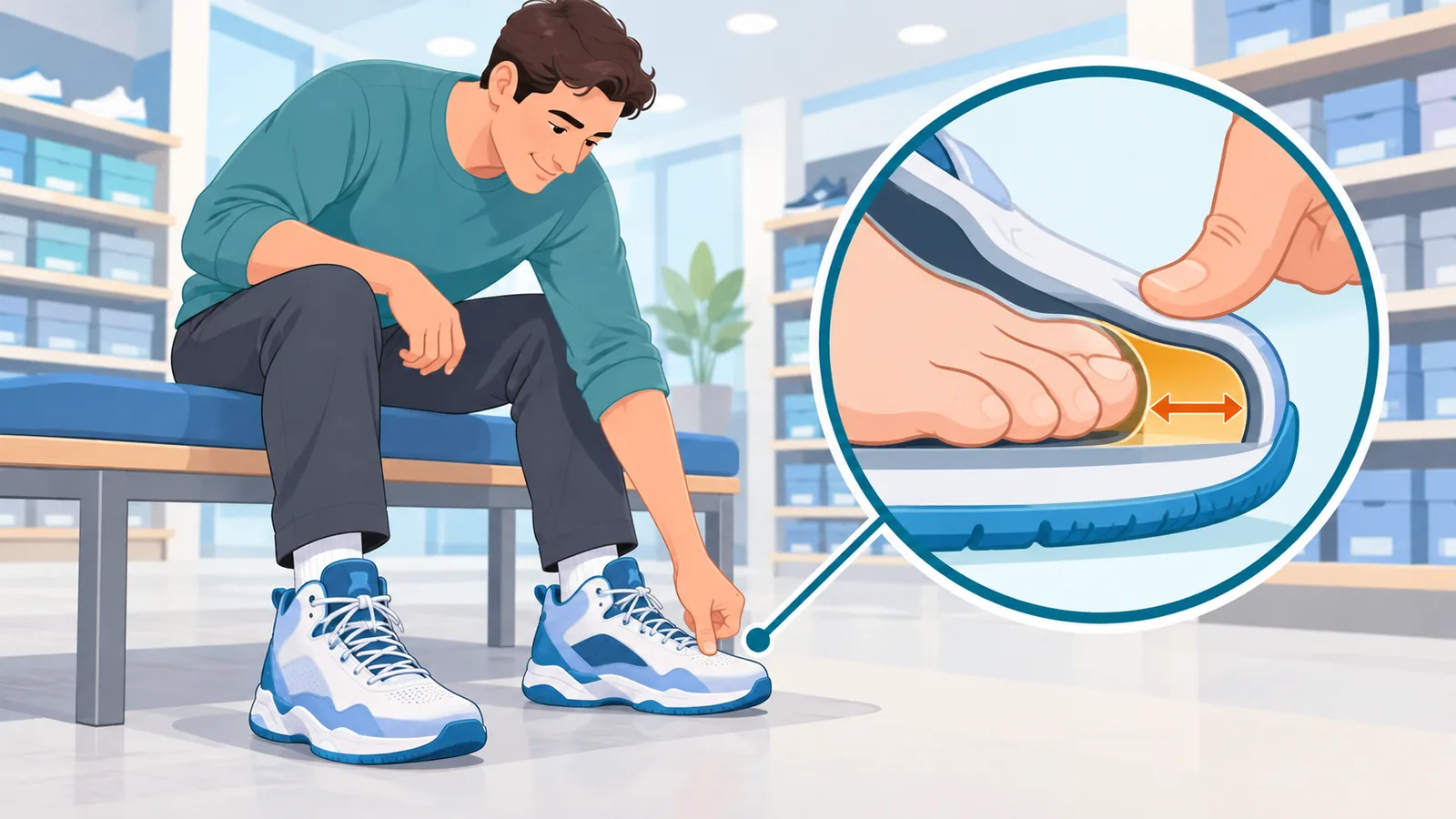Cliente che prova una scarpa da basket in un negozio sportivo