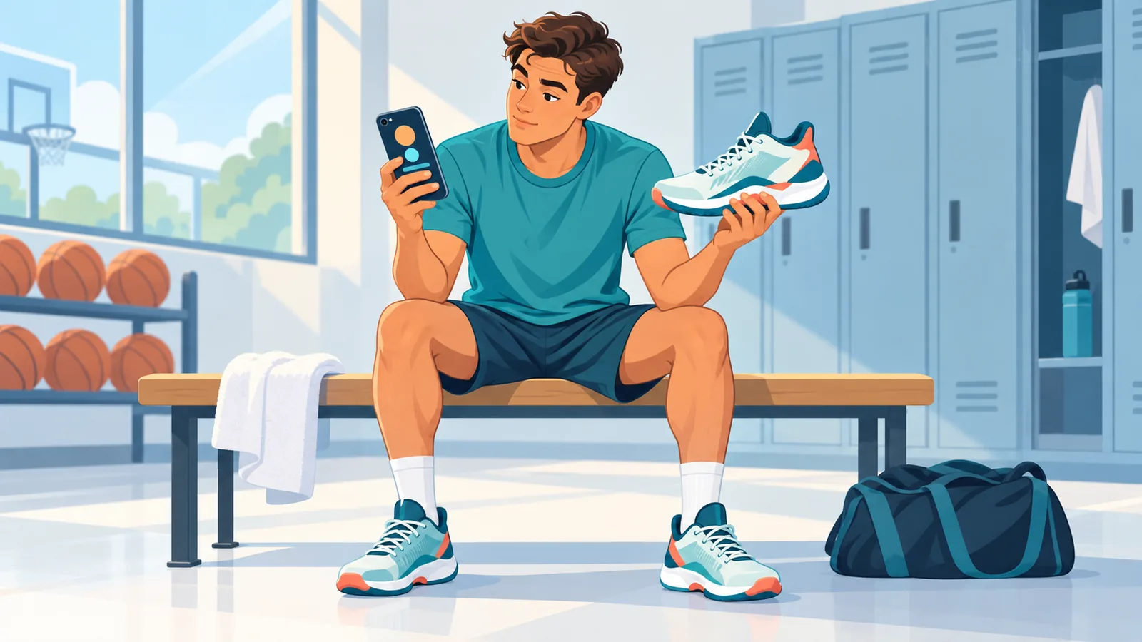 Giocatore seduto in palestra che consulta il telefono con una scarpa da basket in mano